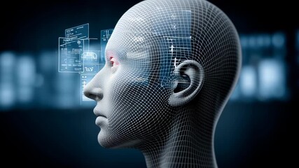 A digital representation of a human head with a wireframe design, showcasing data and technology elements around it - Powered by Adobe