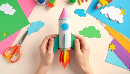 Hands Holding a Paper Rocket Surrounded by Crafting Materials