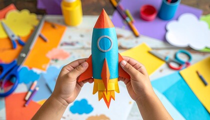 Child's Hands Crafting a Cardboard Rocket Ship with Colorful Paper and Craft Supplies, Promoting Creativity and STEM Learning