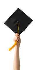 Hand Holding Graduation Cap with Yellow Tassel on White Background