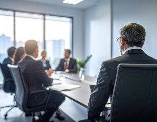 Meeting People at conference table, city view behind