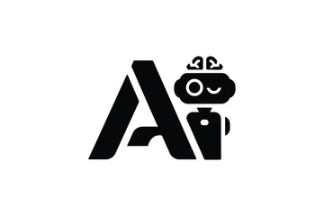 Black ai logo featuring a stylized letter a and a cute robot character