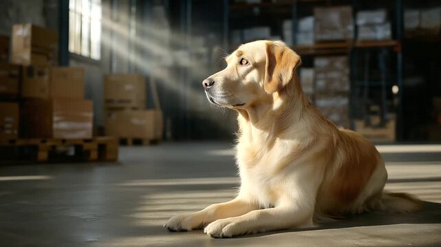 A dog in a warehouse, the lively scene illuminated by gentle sunlight. Dog, warehouse, with copy space - Powered by Adobe