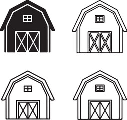 Four black barn icons with different designs on transparent background silhouette