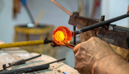 Close-up of a glassblower shaping molten glass with tools in a workshop setting