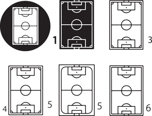 Futbol field diagrams with goalposts and center circle silhouette on transparent background