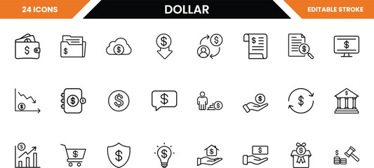Collection of dollar and finance icons, isolated on white background