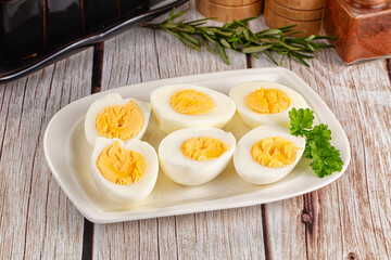 Boiled chicken eggs with bright yolk