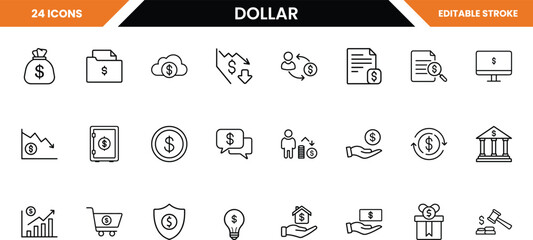 Dollar currency icons set, representing finance, investment, banking, and economic growth, isolated on white background