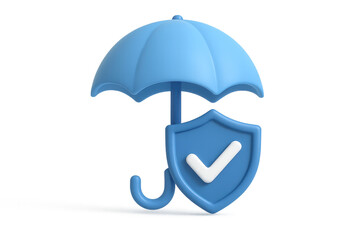 3d insurance concept featuring blue umbrella and shield with checkmark symbolizing protection, security, and safety in modern style, ideal for financial and risk management themes