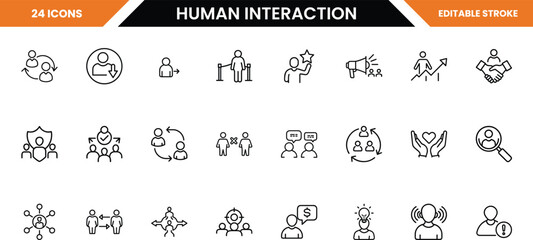 Set of human interaction and social connection icons, isolated on white background