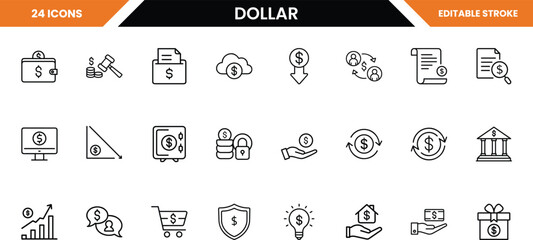 Assortment of dollar and finance icons, isolated on white background