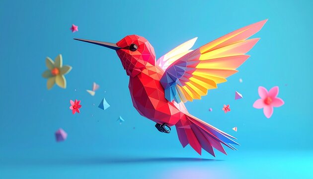 Vibrant low-poly hummingbird with rainbow wings soaring amidst geometric flowers on a blue background