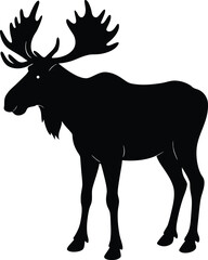 Majestic bull moose with large antlers standing in profile as a bold black silhouette on white background