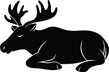 A majestic moose with large antlers resting peacefully in a stark black silhouette against a white background
