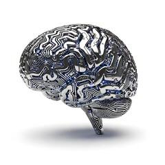 Modern AI Concept Art: Metallic Brain with Glowing Circuits for Science, Technology, and Futuristic Designs. Illustrates innovation and the digital age