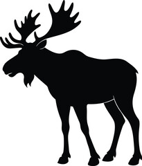 Majestic bull moose with large antlers standing in profile silhouette on white background