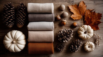 Fototapeta premium Autumn Cozy Seasonal Flat Lay Composition with Pumpkins, Leaves, and Pinecones on Wooden Table