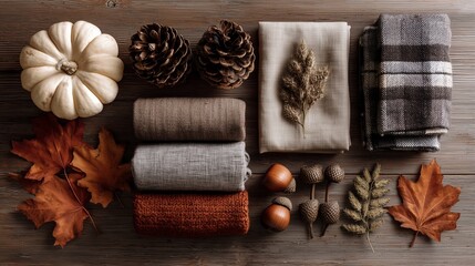 Fototapeta premium Autumn Cozy Seasonal Flat Lay Composition with Pumpkins, Leaves, and Pinecones on Wooden Table