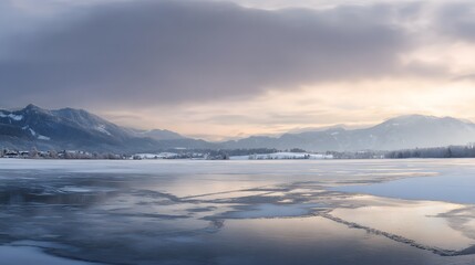 Wide panoramic view of a frozen alpine lake surrounded by snowy mountains