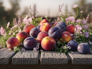 Fine estate ed autunno: composizione con frutta di stagione, uva, mele e pere, 