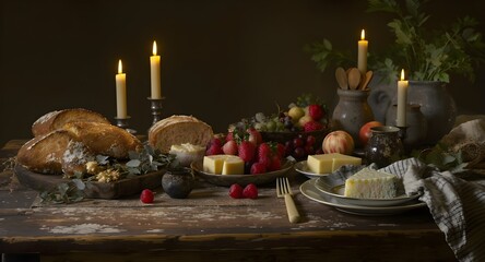 Abbondanza di cibo, tavolo con frutta, pane formaggi per celebrazione o abbondante pasto autunnale