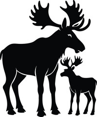 Majestic adult moose and calf standing together in a bold black silhouette on white background