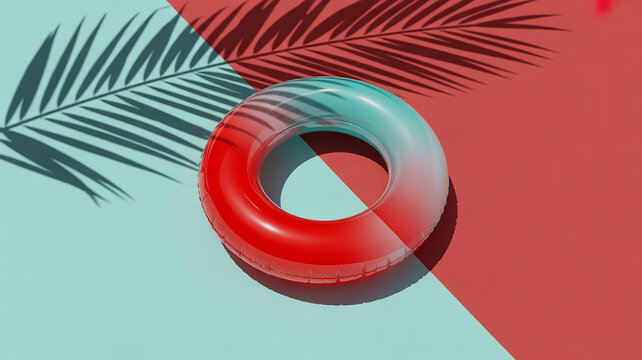 Tropical pool float with palm leaves and shadow