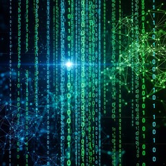 Modern cyber security background with vibrant green digital binary code stream and network connections for innovative technology solutions and data privacy