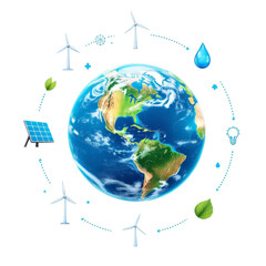 Sustainable Earth Concept with Renewable Energy Icons Surrounding Globe Focused on Americas: Wind, Solar, Water, and Nature Symbols