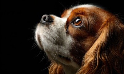 Adorable Cavalier King Charles Spaniel with a captivating gaze against a dark backdrop.