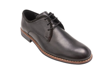 Footwear Ideas. One Stylish Classic Male Black Calf Leather Laced Derby Shoe Placed Over Pure White.