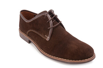 Footwear Ideas. One Stylish Classic Male Light Brown Suede Leather Laced Derby Shoe Placed Over Pure White.