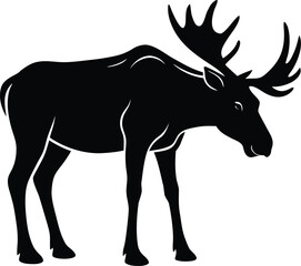 Majestic bull moose with large antlers standing in profile as a bold black silhouette on white background
