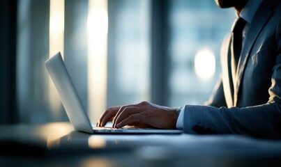 Businessman working on laptop in office, typing on keyboard, business concept.