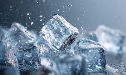Close up of ice cubes with water droplets, refreshing and cool.