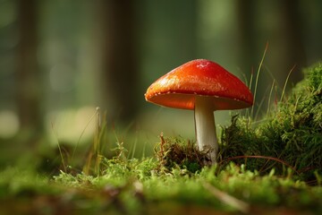 Forrest Mushroom: Closeup of Red Mushroom with Moss and Grass in Natural Environment