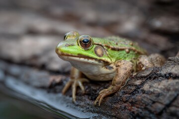 Obraz premium Frog On A Log. Close-up of Green Amphibian Sitting on Log in Nature