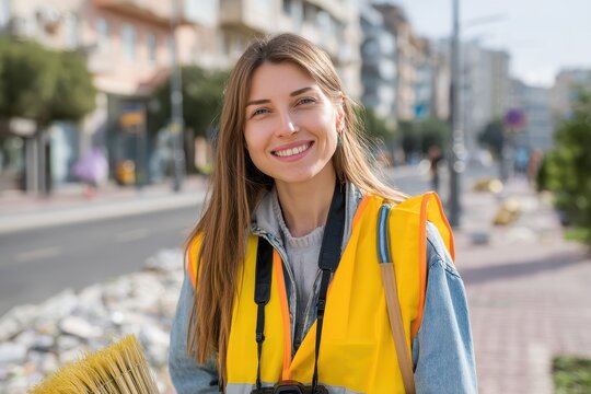 Girl with Camera Volunteer. Caucasian Mature Man Leading Street Clean Up Team in Community Service Effort