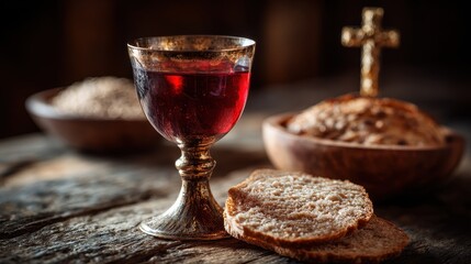 Good Friday Communion. Holy Communion at Church with Glass Cup of Red Wine and Bread on Wooden Table