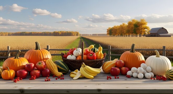 Abundant autumn harvest of pumpkins, apples, bananas, and vegetables displayed on a rustic wooden table with a golden field and barn in the background