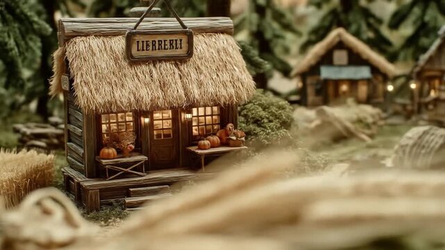 Miniature village scene with thatched roof buildings and warm lighting