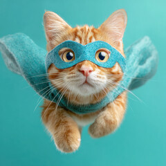 Orange cat dressed as a superhero, flying with a blue mask and cape against a turquoise background. Adorable feline in a dynamic pose, resembling a comic book hero ar