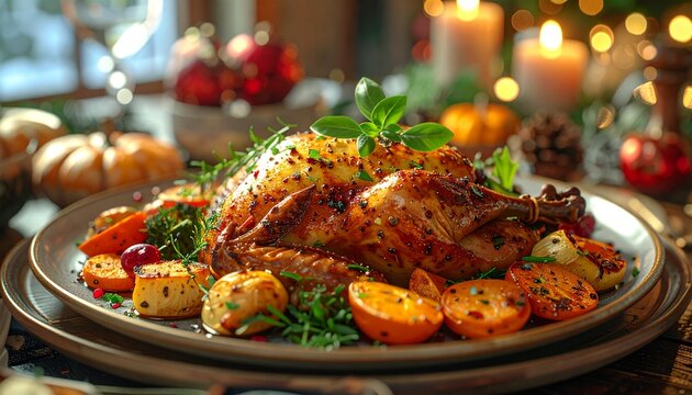 Delicious roasted whole chicken dinner with festive holiday decorations and warm lighting