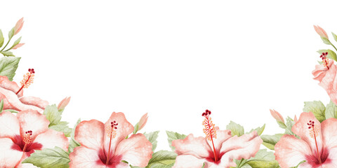 Tropical floral horizontal banner template with hibiscus flowers and leaves watercolor isolated illustration. Realistic summer garden botanical clip art