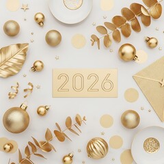 Glamorous 2026 New Year Celebration Flat Lay with Golden Ornaments and Elegant Decor - Perfect for Holiday Greetings and Festive Designs
