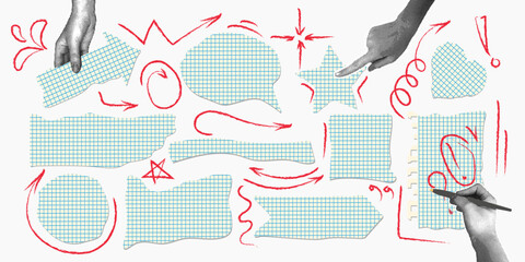 A trendy halftone collage. Torn sheets of blue checkered paper with a vintage texture and hand-drawn arrows. Vector illustration.