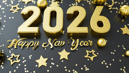 Elegant New Year 2026 background with golden numbers, stars, confetti on dark backdrop. Perfect for holiday greetings, posters, and seasonal advertising. 3d rendering illustration not AI