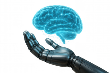 Robot hand offering a glowing digital brain, symbolizing artificial intelligence, future technology, and machine learning on transparent background