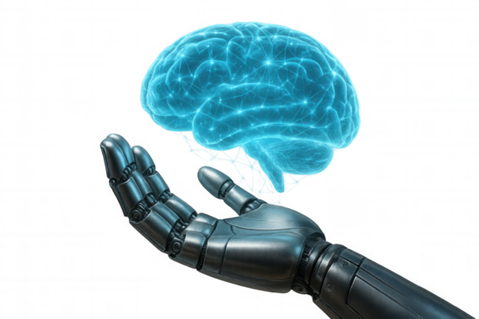 Robot hand offering a glowing digital brain, symbolizing artificial intelligence, future technology, and machine learning on transparent background